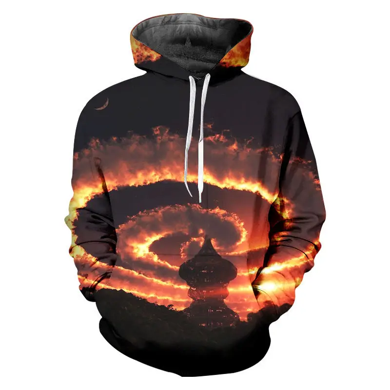 Funny Sunset at dusk Hoodie Pullover Unisex 3D Thread fire cloud Tracksuit Casual Pockets Hoodies Men Streetwear Cool Hooded