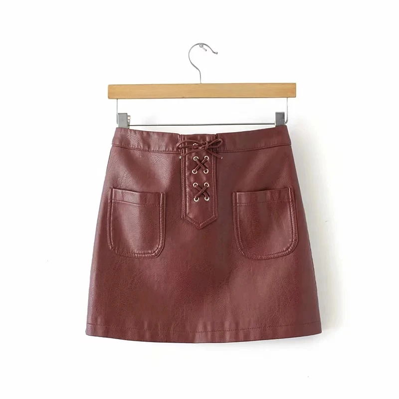 Женская мини юбка из искусственной кожи черная бордовая 2019 Офисная бандажная