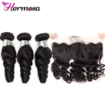 

Hermosa 13X4 Lace Closure Loose Wave Bundles With Frontal 3 Pcs Human Hair Weaves Brazilian Hair 3 Bundles With Frontal Non Remy