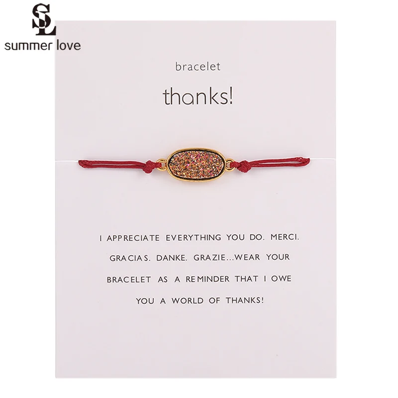 

Lucky Red String Rope Bracelet for Women Jewelry Adjustable Resin Stone Druzy Charm Bracelets with Thanks Card Best Friend Gift