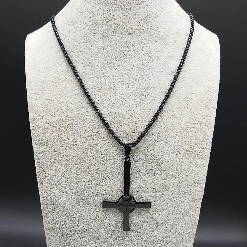 Inverted Cross Occult Pentagram Stainless Steel Chain Necklace for Women Men Black Color Satanic Gothic Satan Necklace Jewelry