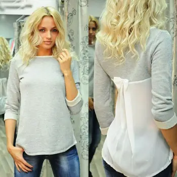 

2019 Women Sweatshirts Casual Chiffon Bow Patchwork Long Sleeve Pullovers Baggy Grey Tops Plus Size Top Autumn Undershirt New