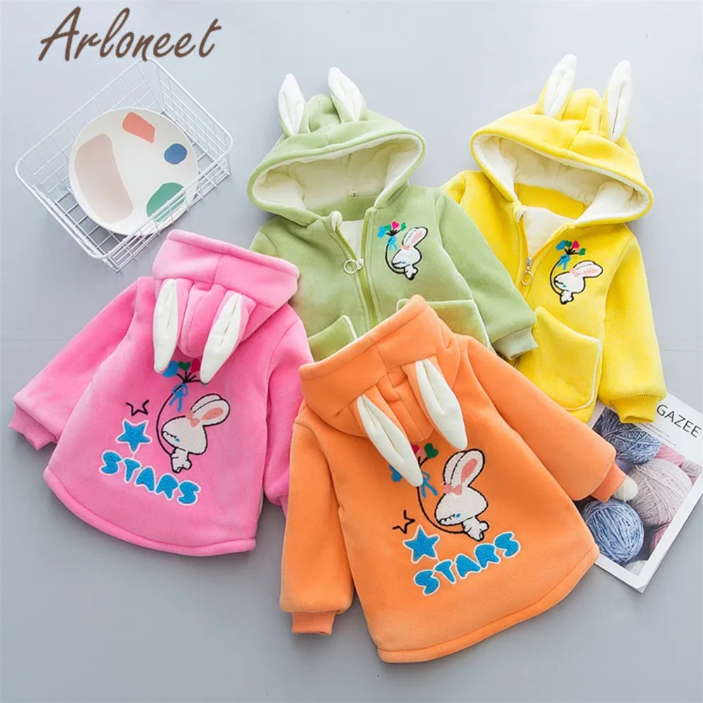 Одежда arloneet; пальто для новорожденных; зимнее плотное пальто для девочек; Верхняя одежда с капюшоном и рисунком кролика; куртка на молнии с карманами; пальто для маленьких девочек