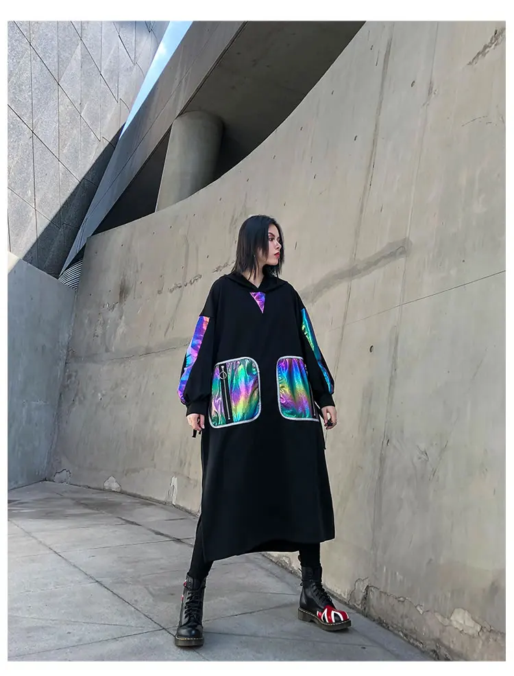 XITAO Tide Patchwork Bright Silk Pocket Dress Women Clothes Zipper Hooded Collar Full Sleeve Autumn and Winter New GCC2607