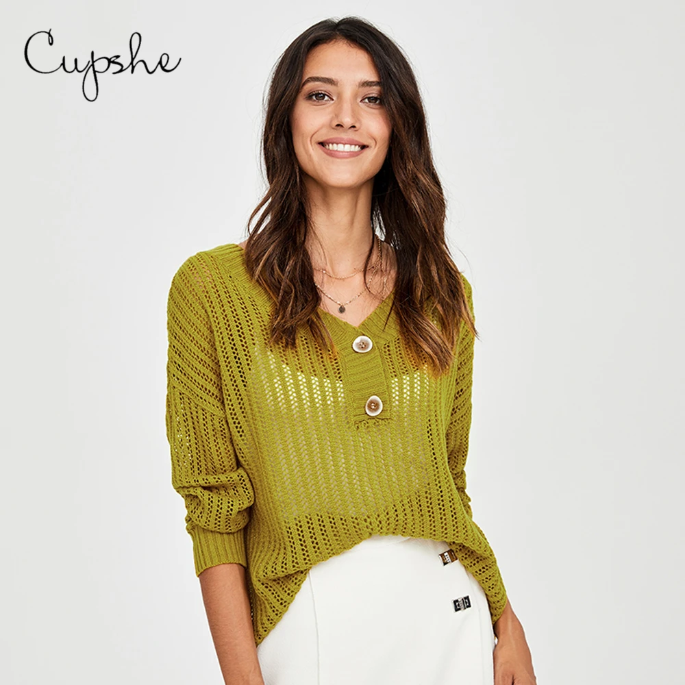 Свободный зеленый свитер CUPSHE на пуговицах Женский Повседневный вязаный пуловер