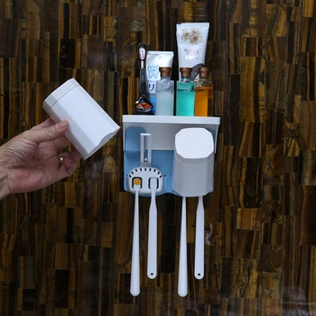 

New Bathroom Organizer Storage Wall Mounted Toothbrush Rack Toothbrush Cup Toothpaste Holder with Two Cups Bathroom Aeecssories
