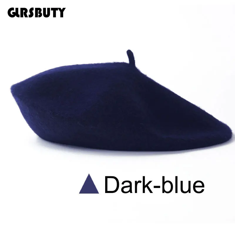 Darkblue Женский берет, женская шапка, французский стиль, шапка бини, французская мода, шерсть, одноцветная шапка для женщин и девушек - Цвет: Darkblue
