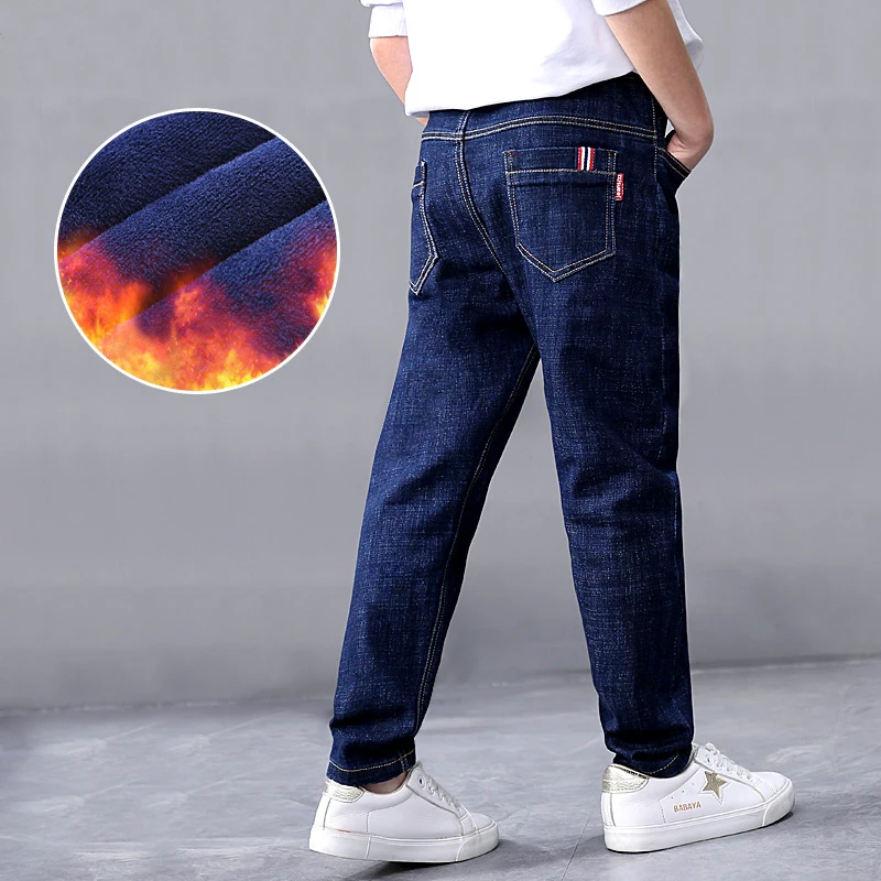 Enlarged pants Высококачественные зимние джинсы для больших детей, однотонные синие штаны для детей, хлопковые эластичные теплые брюки с добавлением шерсти и вельвета - Цвет: Enlarged pants