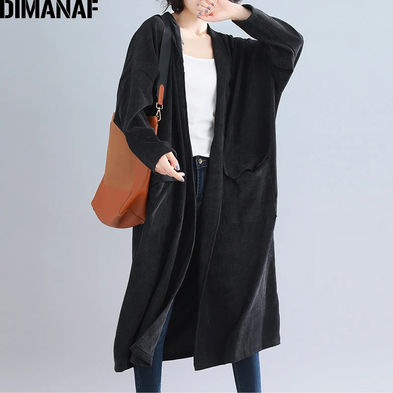 discount DIMANAF Women Jackets Plus Size Long Coat Corduroy Autumn Winter Big Size Cardigan Female Clothes L