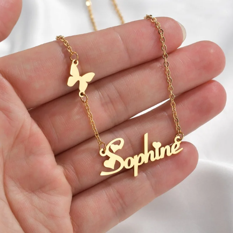 

Индивидуальное ожерелье с именем, сердечком, бабочкой на заказ, модная подвеска из твердого серебра 925 пробы с матовой табличкой, ювелирные изделия для женщин, подарок