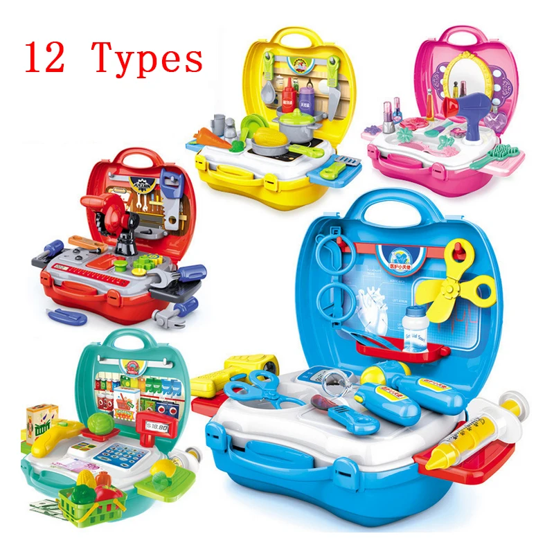 

12 Types pretend Play Children simulation kitchen cooking tableware dressing cash register suitcase doctor Kids Plastic toy set