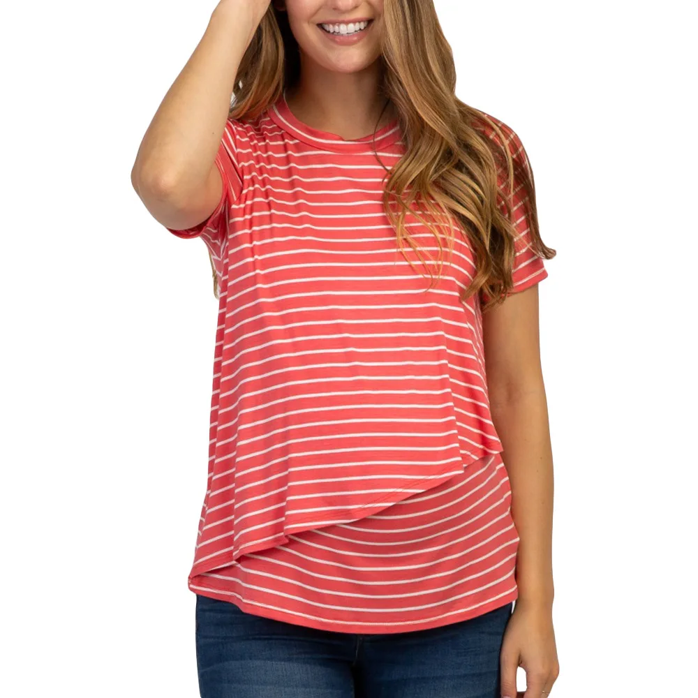 Одежда для грудного вскармливания, новая полосатая футболка с круглым вырезом для беременных, топ с короткими рукавами для кормящих, одежда для кормящих, летние футболки