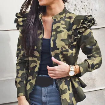 

Autumn Women Short Jacket Plaid Ruffle Shoulder Long Sleeve Zip Up Outerwear Camo Coat Female Casual Plus Size Jacket