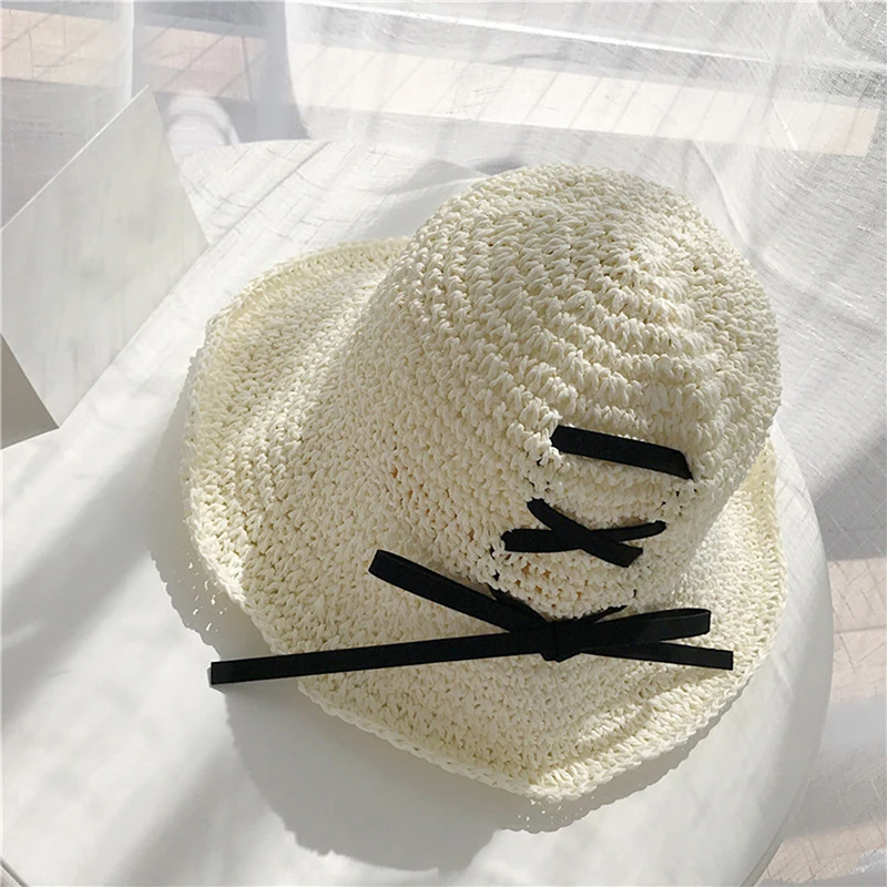 milky white New Women Summer Sun Straw Raffia Hat Wide Brim Beach Hats Girl Outside Travel Straw Cap Casual Bow Hat - Цвет: milky white