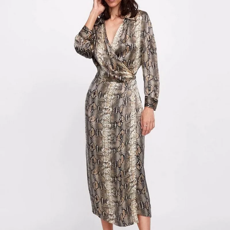 

Autumn Women Long Dress 2019 New Fashion Vintage Style Animal Snake Print Pattern Modern Lady Kimono Dresses