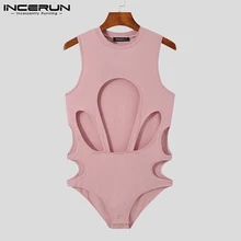 

Men Bodysuits Pajamas Solid Color Hollow Out Underwear O-neck Sleeveless Sexy Cozy Skinny Sleepwear Men Bodysuit S-5XL INCERUN