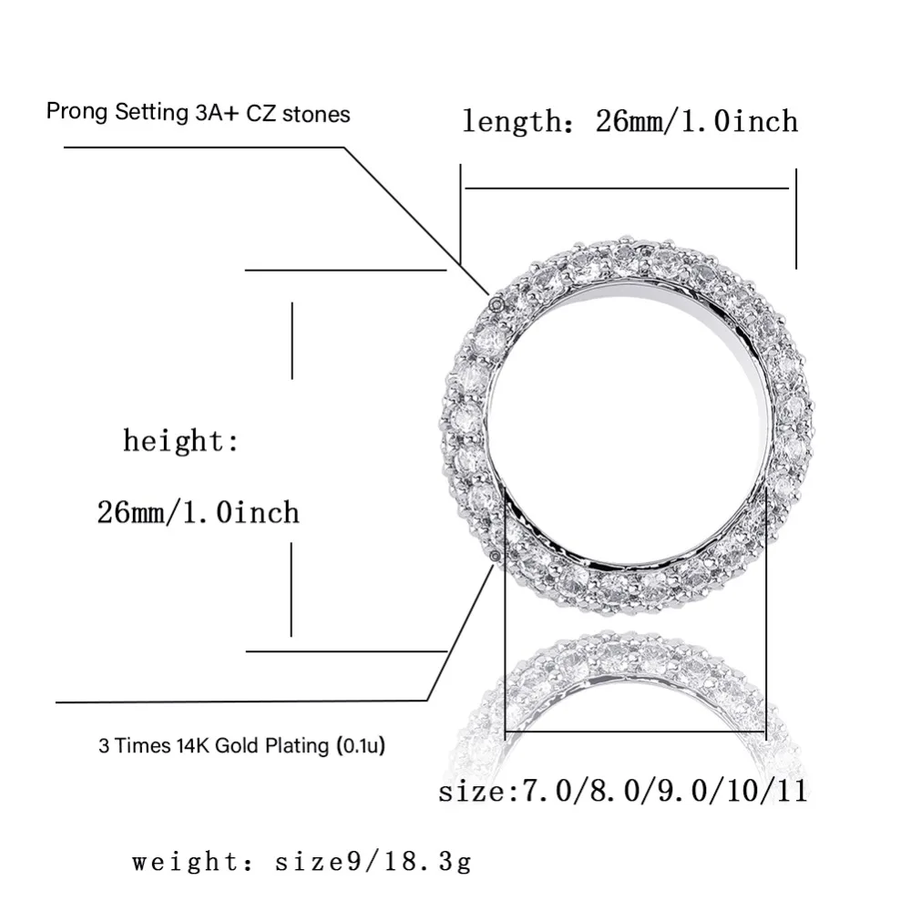 JINAO NOW, кольцо в стиле хип-хоп, роскошное, полное, три ряда, кубический циркон, золото, серебро, очаровательные ювелирные изделия, панк, мужские, женские кольца на палец, Размер 7-11