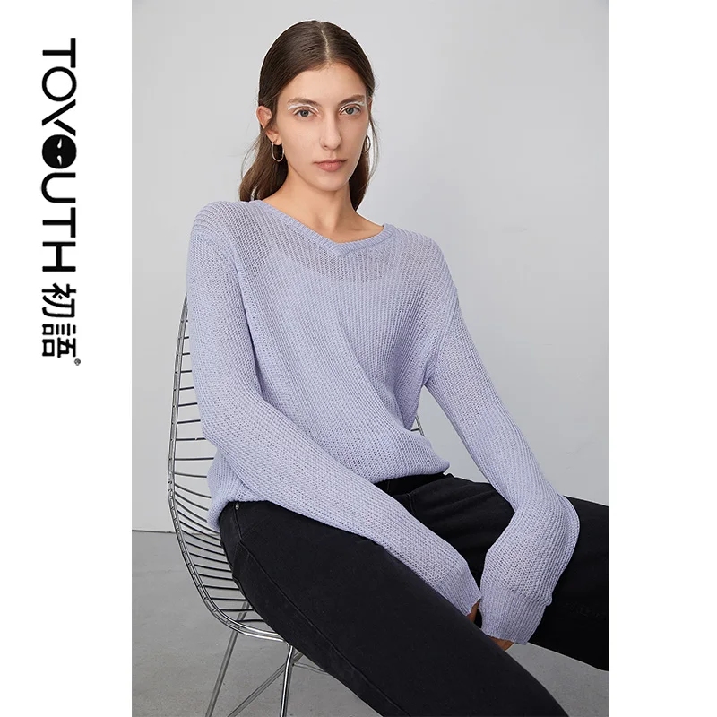 Toyouth Women Spring Autumn Thin Sweaters Fashion New Solid Long Sleeve V-Neck Basic Sweater | Женская одежда