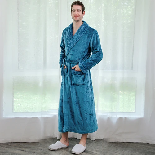 men lake blue Мужской теплый фланелевый зимний Халат коралловый халат из флиса удлиненный плотный халат для мужчин и женщин, свободное кимоно в клетку, банные халаты - Цвет: men lake blue