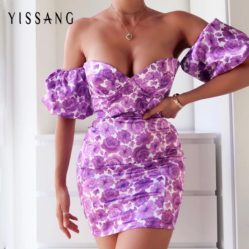 Yissang летнее платье с цветочным принтом открытыми плечами пышными рукавами