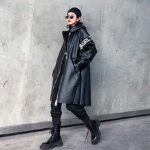 Новинка, модная уличная одежда, искусственная кожа, пэтчворк, Свободные молнии, для женщин, натуральная кожа, зимние, утолщенные, длинные, с капюшоном, пальто