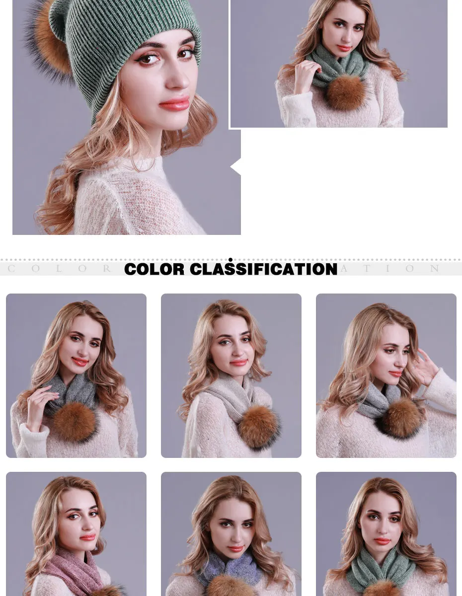 Wuaumx Multifunction Hat and Scarf Autumn Winter Hat For Women Wool Knitted Beanies Cap Luxury Raccoon Fur Pompom Cap