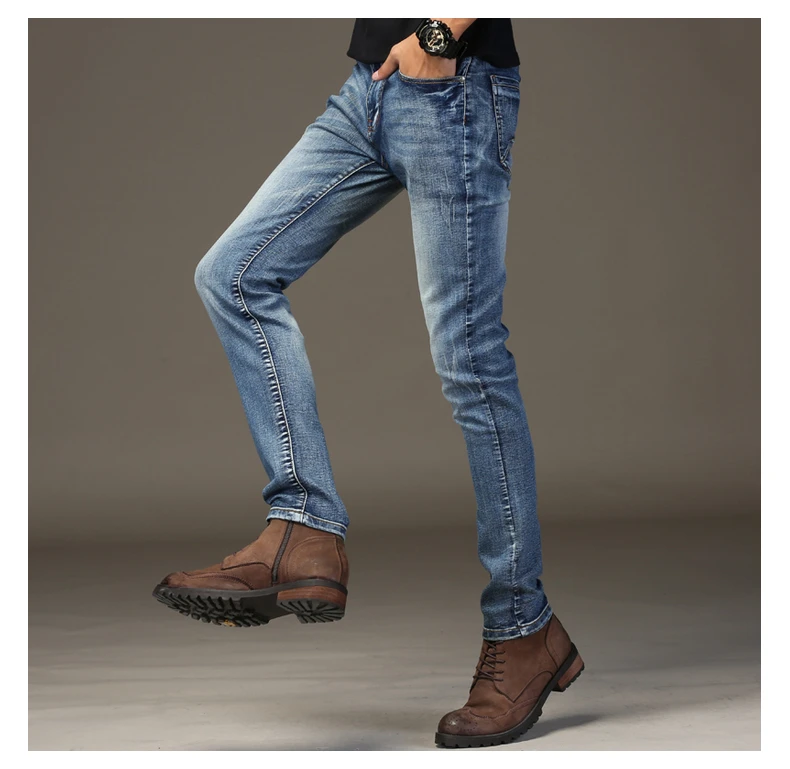 Мужские обтягивающие джинсы, Зимние новые обтягивающие джинсы, Мужские Стрейчевые классические брюки с эластичной резинкой на талии, мужские синие джинсовые штаны