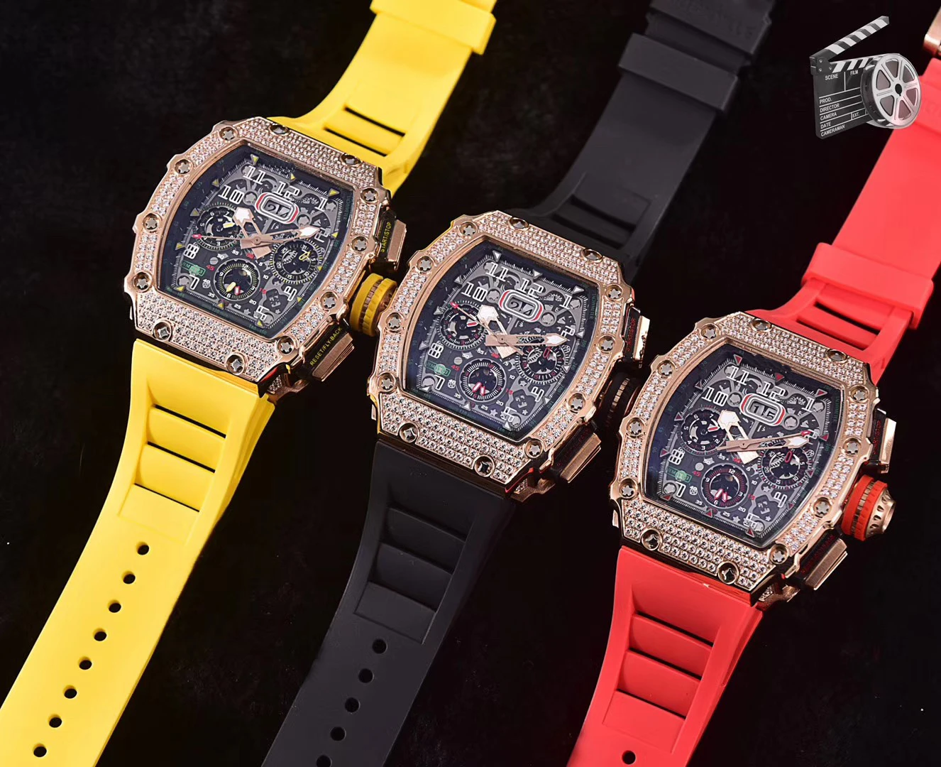 Роскошные брендовые новые черные красные резиновые мужские часы сапфировые автоматические механические розовое золото с полными бриллиантами Tourbillion календарь AAA