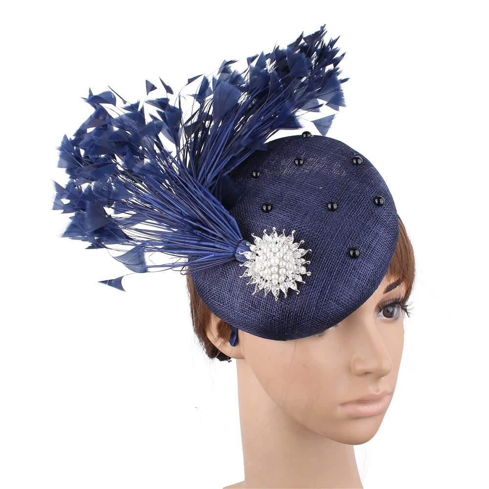 Mingli Tengda темно-синяя шляпа с перьями, модные свадебные головные уборы для невесты, торжественные головные уборы, украшение для волос, отличная Женская повязка на голову - Цвет: navy blue