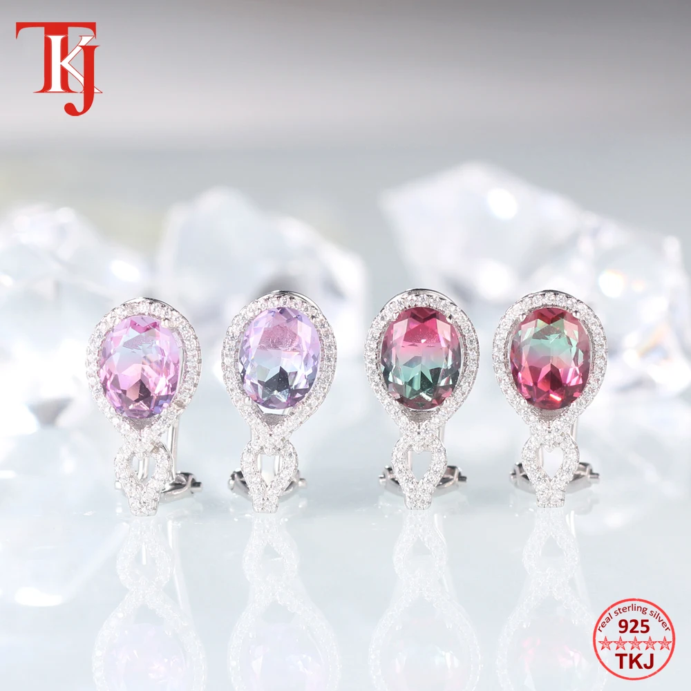 

TKJ Genuine Natural Tourmaline 925 Silver Oval Earrings Women's Party Exquisite Simple Gemstone Women's Earrings Jewelry