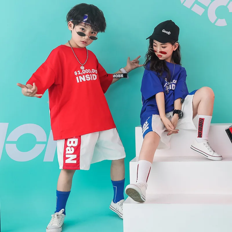 

Children Hip Hop Hiphop Hip Hop Performance Clothing Korean-style Men And Women Children Loose Short Sleeve Shorts Dancing Suit