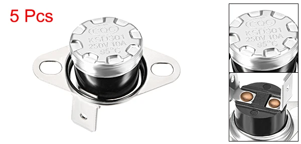 95 Celsius degree Uxcell 5 шт. переключатель контроля температуры KSD301 40 °C-150 °C термостат 250V 10A нормально закрытый прямоугольный штырь большой емкости - Цвет: 95 Celsius degree