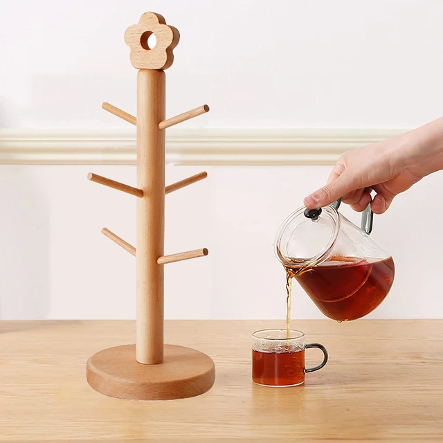 Wooden Mug Drying Tree Holder 6 Hooks Tea Coffee Cup Rack Display