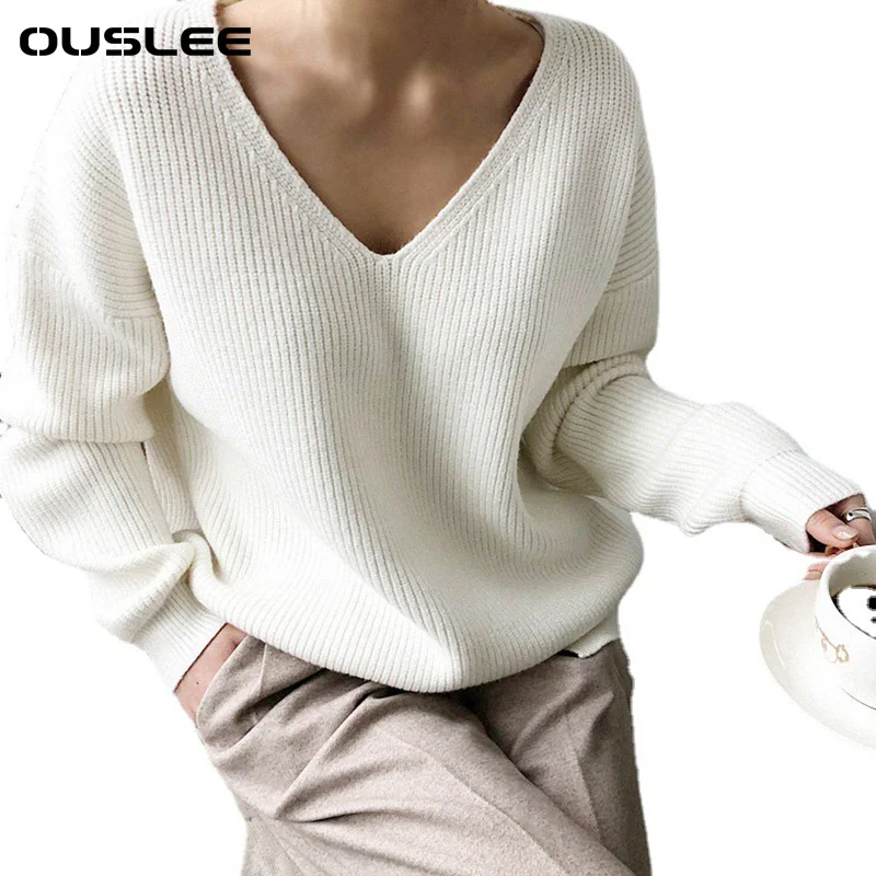 OUSLEE-suéter de manga larga con cuello en V para mujer, jerseys sólidos básicos para mujer, suéteres de punto informales de estilo coreano, Top 2021
