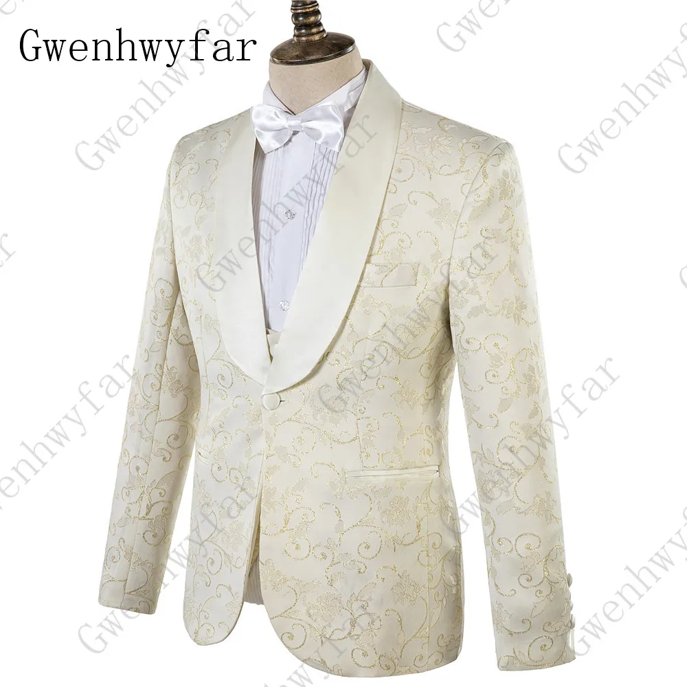 Gwenhwyfar, новинка, жаккардовый дизайн, мужские костюмы, цветочные, для банкета, ужина, вечерние, смокинги, 3 штуки, свадебные костюмы для мужчин, Traje Hombre