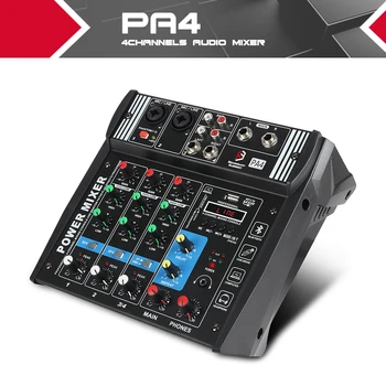 

PA4 4Channels Audio Mixer Sound Mixing Console with Bluetooth USB Record 48V Phantom Power Monitor Paths Built-in Power Amplifie