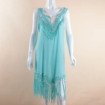 

A9198 Sexy Crochet Beach Floral Dress V-Neck Open Back Vest Design Women Beachwear Bikini Cover Up Tassel Plus Size
