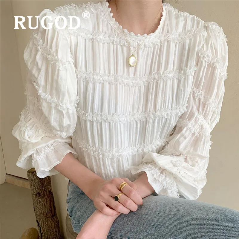 RUGOD кружевная шифоновая блузка женские блузки с длинным рукавом элегантный топ корейская модная одежда женские рубашки Милая рубашка плиссированные топы