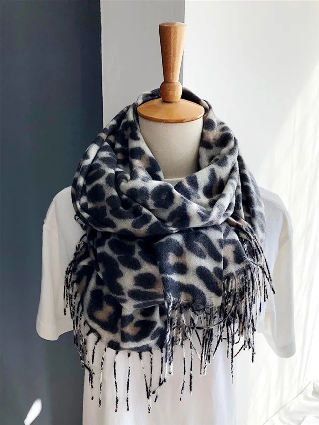 women leopard knit fashion winter cashmere scarves lady blanket warm tassel female shawls and wrap bandana warm foulard - Цвет: Черный