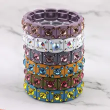 ZWPON Faceted Glass Crystal Square Tile Bead Bangles Bracelets for Women Fashion Multicolor Painted Elastic Bracelets Wholesale