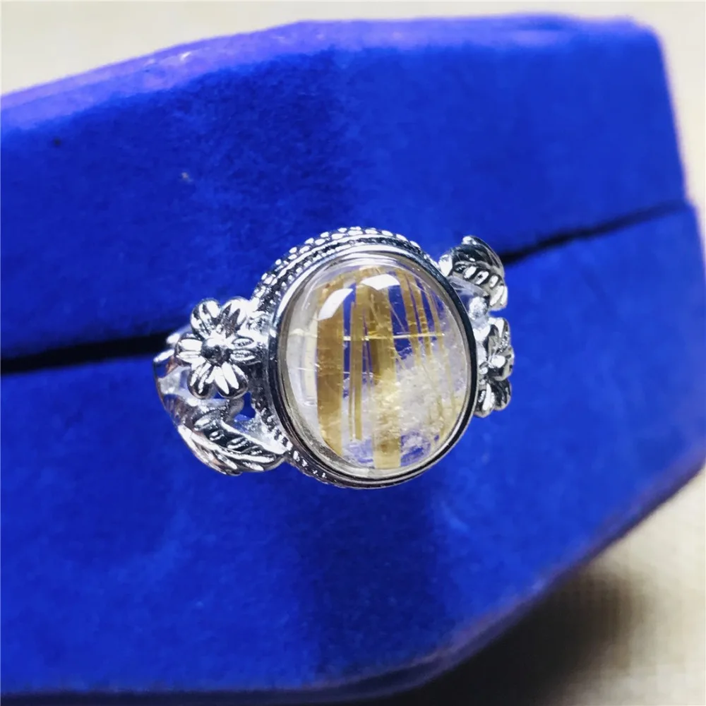 Кольцо из натурального золота с рутилированным кварцем для женщин, мужчин, подарок, 12x10 мм, бусины, кристалл, серебро, Стерлинговое Серебро, регулируемый размер, модные кольца
