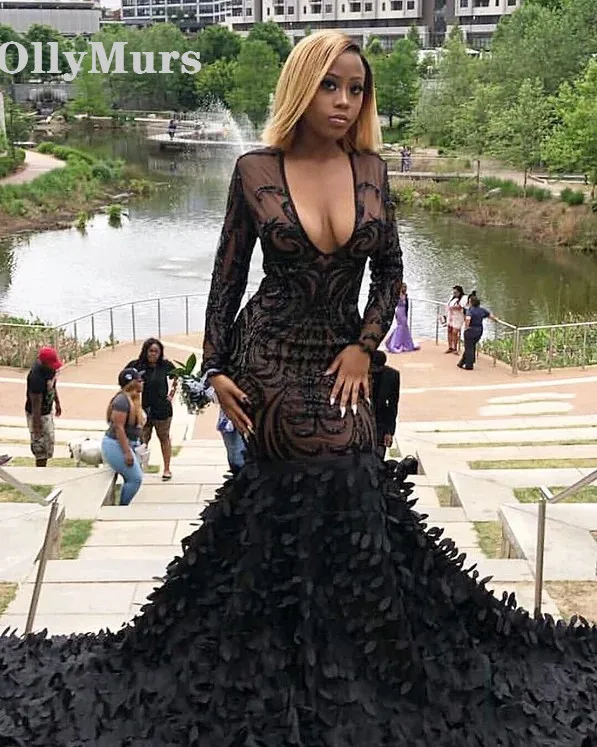

Sparkly Sexy Sheer Long Sleeve Mermaid Boat Neck Golden Sequin African Floor Length Black Long Prom Dresses