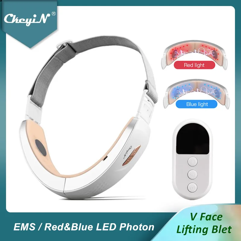 CkeyiN Chin V Line Up Lift Belt Machine Blue LED Photon Therapy Face Lifting Slimming Vibration Massager Double Chin Reducer 48