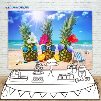 

Beach View Backgrounds for Photography Pineapple Beauty Wearing Sunglasses and Flowers Under the Sunshine Backdrops for Studio