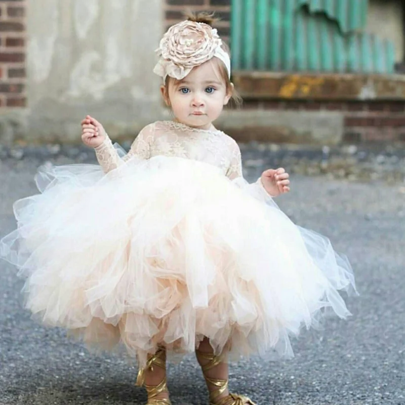 Vintage Flower Girls' Dresses Ivory Baby Infant Toddler Baptism Clothes Long Sleeves Lace Tutu Ball Gowns Birthday Party Dress |