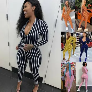 

Womens Jumpsuit Long Sleeve Strpie Turn-Down Collar Zipper Bodycon Jumpsuit Romper Cocktail Long Pants Autumn Playsuit Womens