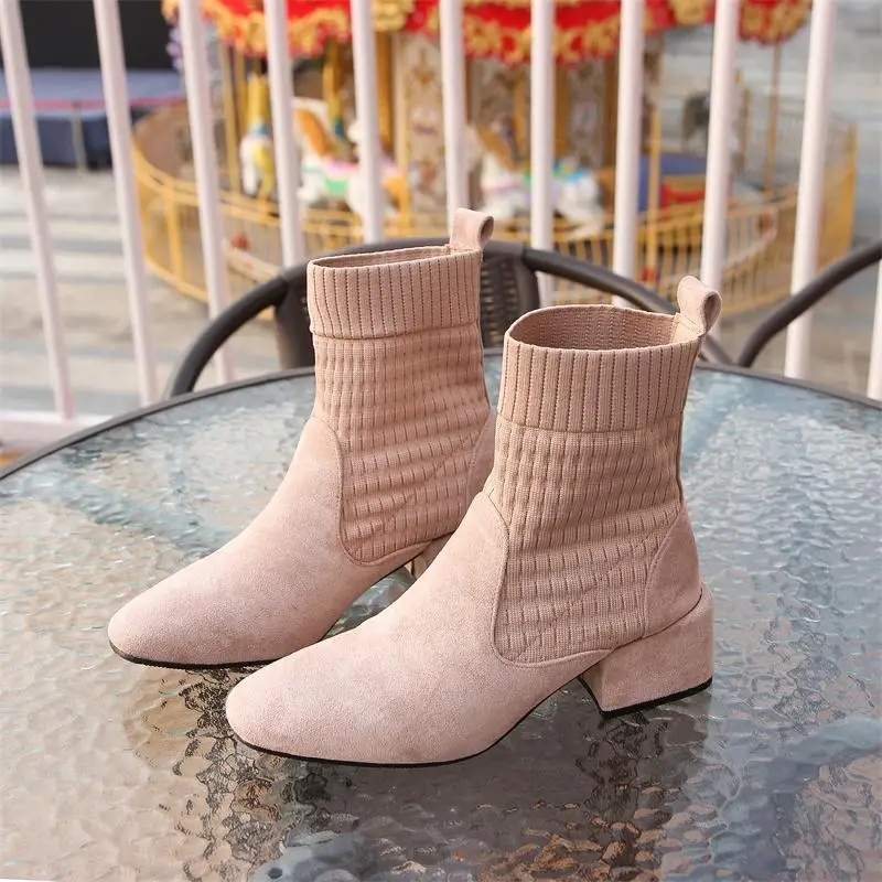 

Sock boots women 2019 autumn stretch fabric&flock chelsea botines retro all match black knitted patchwork martin booties hosiery