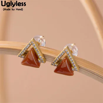 

Uglyless Like a Pine MINI Triangle Studs Earrings for Women 925 Silver Zircons Hollow Triangle Earrings Natural Agate Jewelry