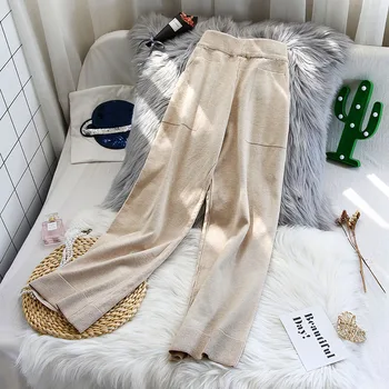 

2020 winter new thicken warm knitted women pants solid high waist wide leg casual all match ankle length female pants