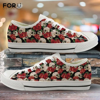 

FORUDESIGNS 3D Skull and Rose Floral Printing Woman Canvas Shoes Cool Punk Ladies Shoes Spring/Autumn Flats Sneakers Woman Shoes